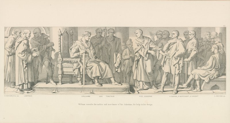 Wilhelm berät sich mit den Adligen und Kaufleuten seines Herzogtums, um Hilfe für seinen Plan zu erhalten von Daniel Maclise
