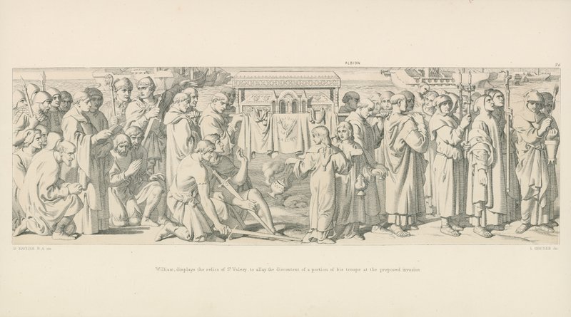 William zeigt die Reliquien von St. Valery, um die Unzufriedenheit eines Teils seiner Truppen bei der geplanten Invasion zu besänftigen von Daniel Maclise