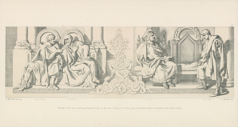 Wilhelm, entschlossen England zu erobern; bittet um die Hilfe von Philipp I. von Frankreich und von Baldwin, Graf von Flandern, seinem Schwiegervater von Daniel Maclise