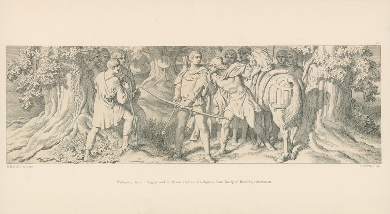 William, in seinem Jagdgebiet in Rouen, erhält Nachricht von Tostig über Harolds Krönung von Daniel Maclise