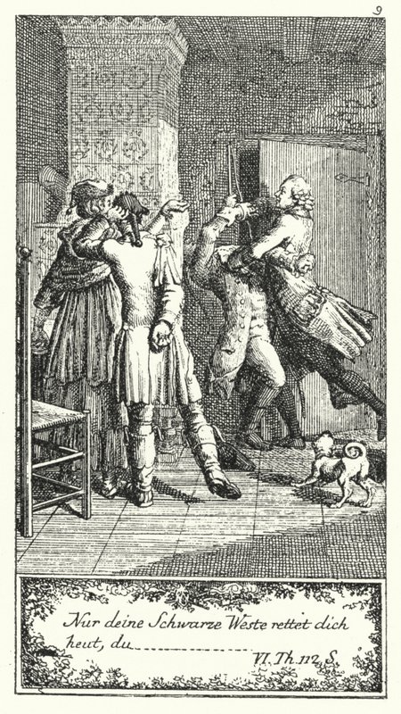 Nur deine schwarze Weste wird dich heute retten, du... (Gravur) von Daniel Nikolaus (after) Chodowiecki