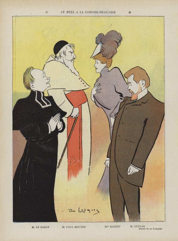 Aufführung des Stücks Le Duel an der Comédie-Française. Illustration für Le Rire von Daniel de Losques