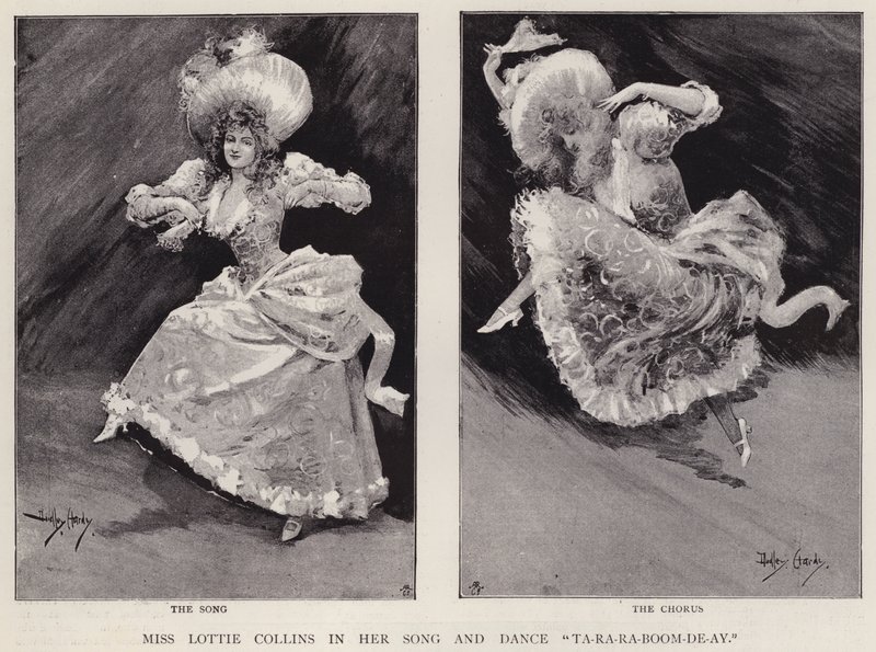 Englische Music-Hall-Sängerin und Tänzerin Lottie Collins, die ihr beliebtes Lied Ta-Ra-Ra-Boom-De-Ay aufführt von Dudley Hardy