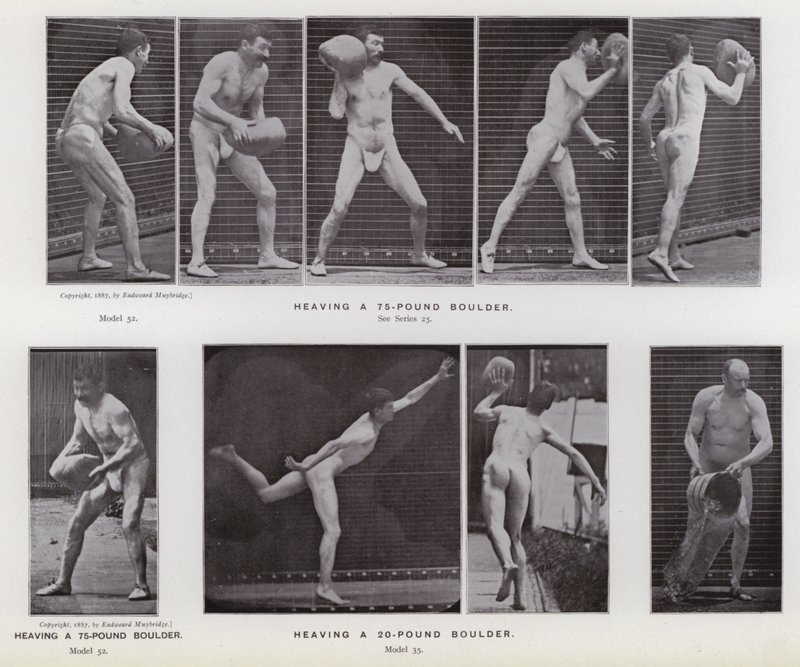 Die menschliche Figur in Bewegung: Einen 75-Pfund-Brocken heben; Einen 20-Pfund-Brocken heben von Eadweard Muybridge