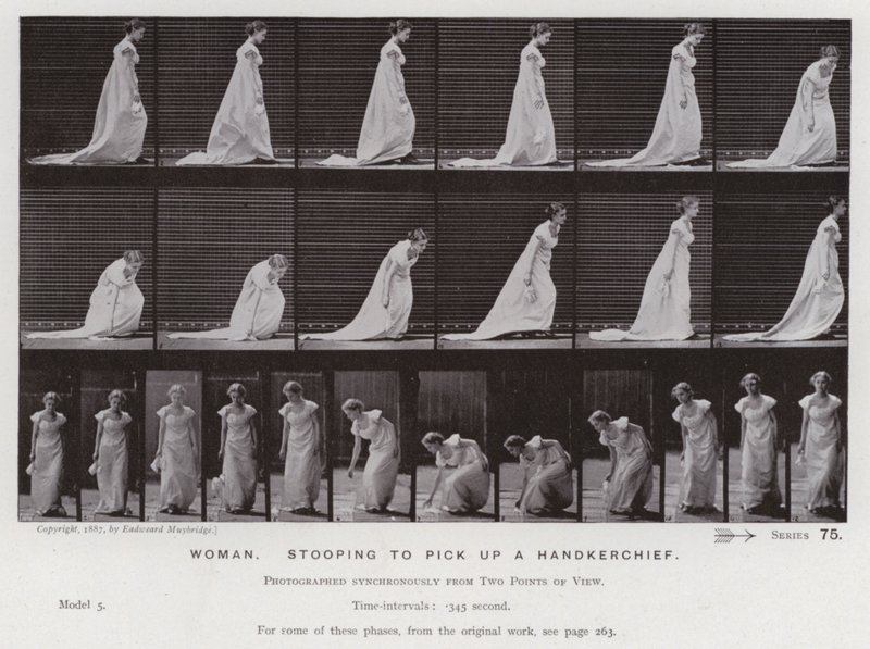Die menschliche Figur in Bewegung: Frau, bückt sich, um ein Taschentuch aufzuheben von Eadweard Muybridge
