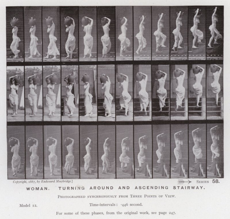 Die menschliche Figur in Bewegung: Frau, drehend und Treppe hinaufsteigend von Eadweard Muybridge
