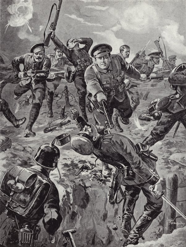 Korporal Joseph Davies und acht Männer vertreiben mit Bajonetten eine Gruppe von Deutschen, die sie zuvor umzingelt hatten, Delville Wood, Frankreich, 20. Juli 1916 von Edgar Alfred Holloway