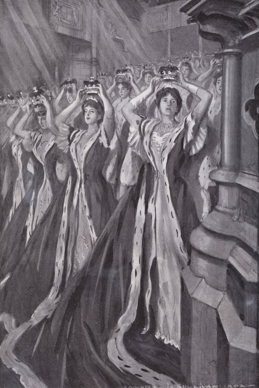 Peeressen setzen ihre Kronen bei der Krönung von Königin Alexandra, Gemahlin von König Edward VII., in der Westminster Abbey, London, auf von Edmund Joseph (after) Sullivan