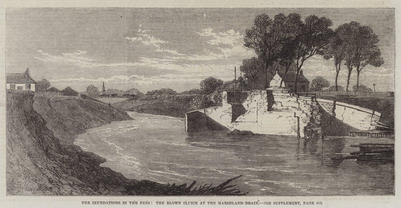 Die Überschwemmungen in den Fens, die gesprengte Schleuse am Marschland-Drain von Edmund Morison Wimperis