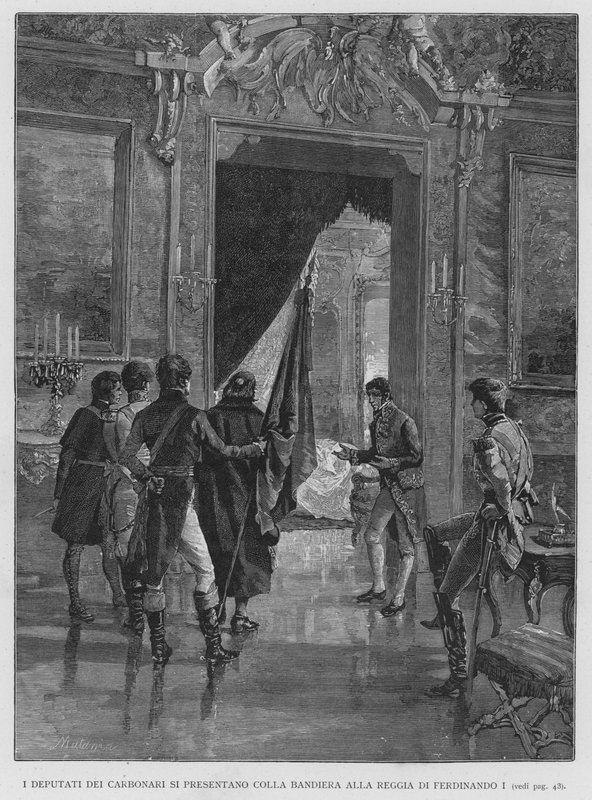 Die Abgeordneten der Carbonari präsentieren die Fahne dem König Ferdinand I. (Gravur) von Edouardo Matania