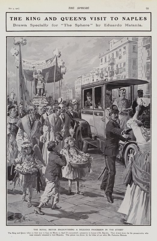 König Edward VII. und Königin Alexandra begegnen einer religiösen Prozession auf einer Straße während ihres Besuchs in Neapel, Italien von Edouardo Matania