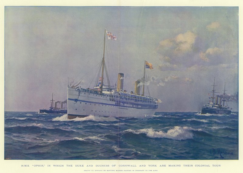 H.M.S. Ophir, in dem der Herzog und die Herzogin von Cornwall und York ihre Kolonialtour machen von Eduardo de Martino