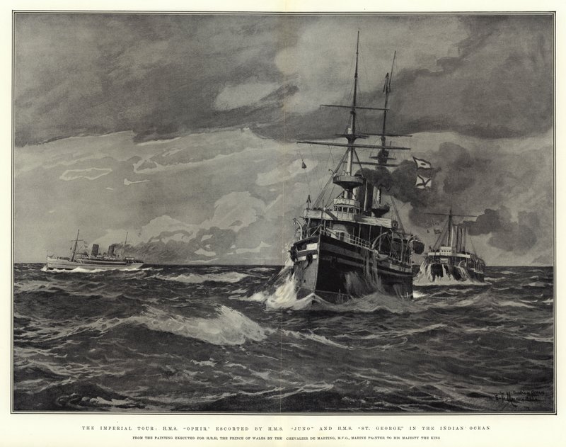 Die Kaiserliche Tour, H.M.S. Ophir, eskortiert von H.M.S. Juno und H.M.S. St George, im Indischen Ozean von Eduardo de Martino