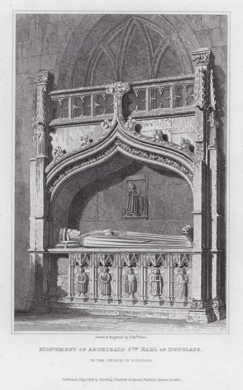 Monument von Archibald, 5. Earl of Douglass, in der Kirche von Douglass (Gravur) von Edward Blore