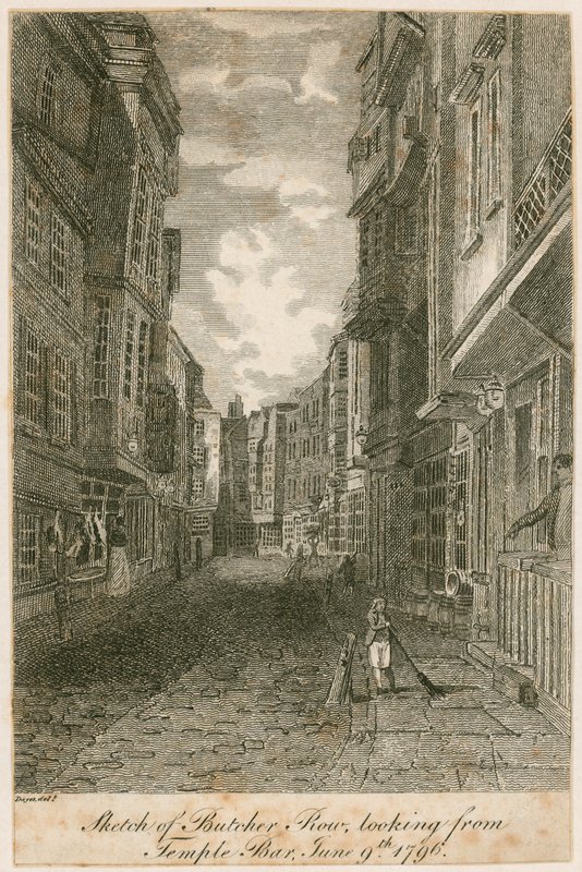 Skizze von Butcher Row, Blick von Temple Bar, 9. Juni 1796 von Edward Dayes