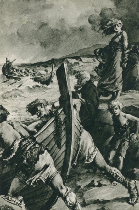 Die Wikinger, die aus den Fjorden Norwegens segelten und Amerika lange vor Kolumbus fanden (Lithografie) von Edward Frederick Skinner
