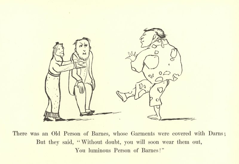 Es war eine alte Person aus Barnes, deren Kleidung mit Flicken bedeckt war von Edward Lear
