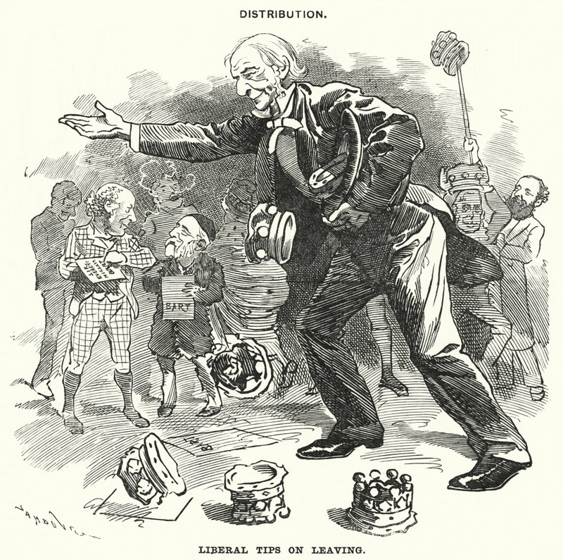 Karikatur von Punch: Verteilung. Liberale Tipps beim Verlassen (Stich) von Edward Linley (after) Sambourne