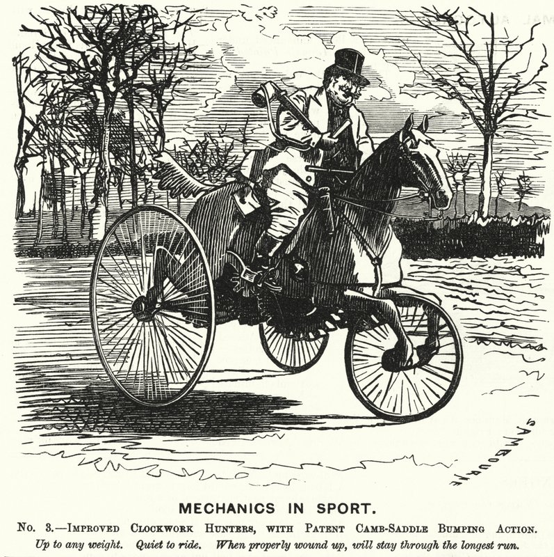 Punch-Karikatur: Mechanik im Sport. Nr. 3. - Verbesserte Uhrwerk-Jäger mit patentierter Camb-Sattel-Bumping-Action (Gravur) von Edward Linley (after) Sambourne