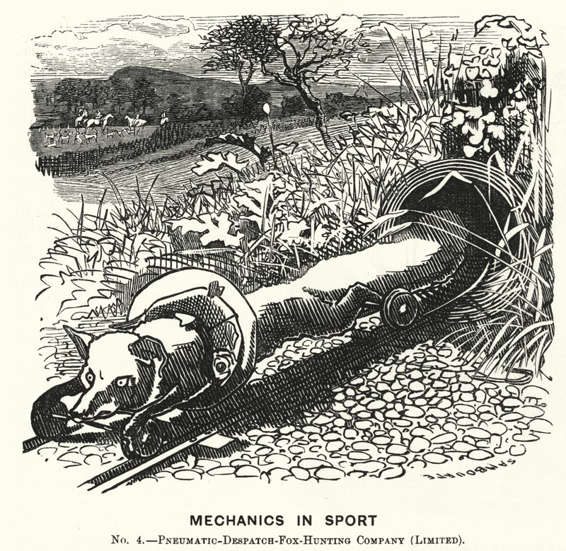Punch-Karikatur: Mechanik im Sport. Nr. 4 - Pneumatische Versand-Fuchsjagdgesellschaft (Limited) von Edward Linley (after) Sambourne