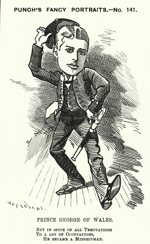 Karikatur von Punch: Prinz Georg von Wales, der zukünftige König Georg V., als Seekadett in der Royal Navy (Stich) von Edward Linley (after) Sambourne