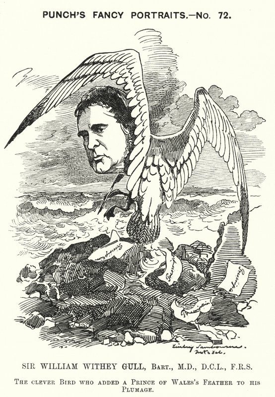 Sir William Withey Gull, englischer Arzt, der den Prinzen von Wales wegen Typhus behandelte und Leibarzt von Königin Victoria wurde (Karikatur) von Edward Linley (after) Sambourne