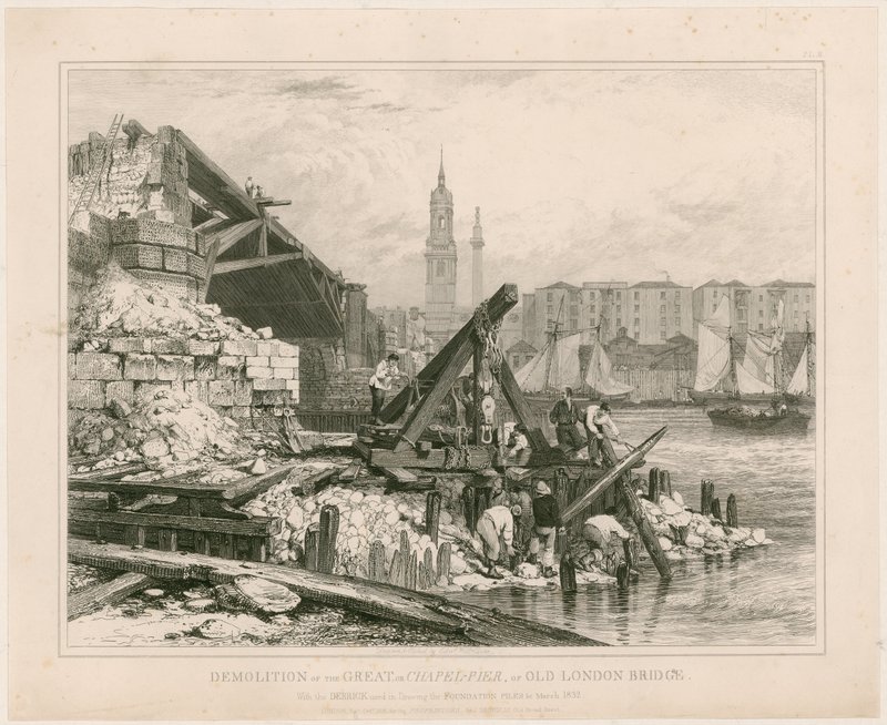 Abriss eines Teils der Alten London Bridge, März 1832 von Edward William Cooke