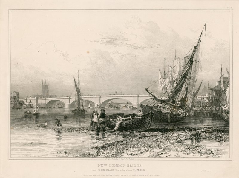 Neue London Bridge, von Billingsgate (Niedrigwasser), gezeichnet am 31. Juli 1832 von Edward William Cooke