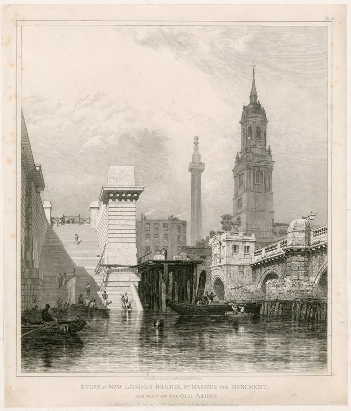 Stufen der neuen London Bridge, St. Magnus, das Monument und ein Teil der alten Brücke von Edward William Cooke