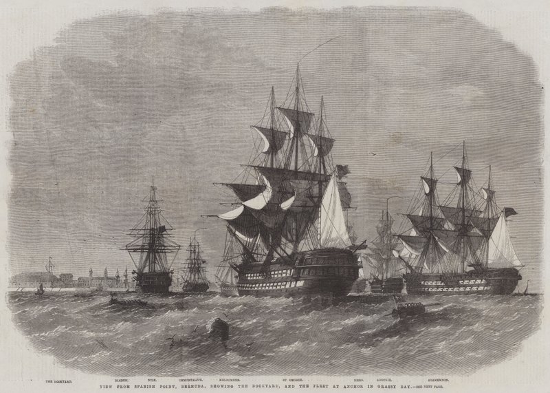 Blick von Spanish Point, Bermuda, zeigt die Werft und die Flotte vor Anker in Grassy Bay von Edwin Weedon