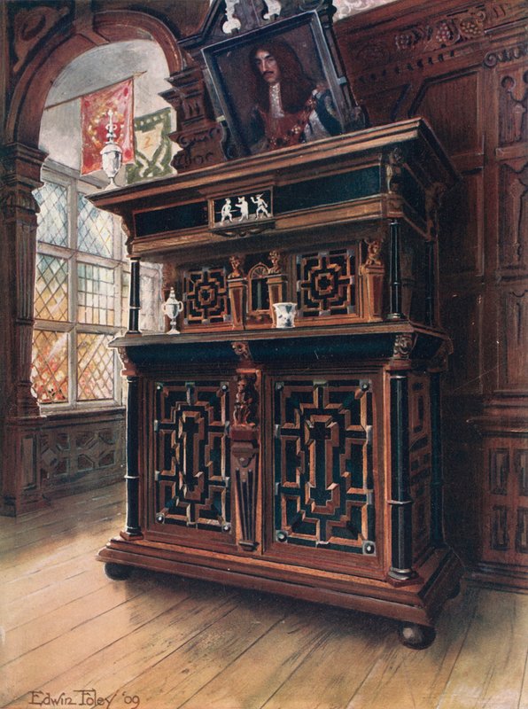 Ein Schrank aus Eiche und Walnuss, mit Ebenholzplatten und -säulen, eingelegt mit Rosenholz und graviertem Elfenbein von Edwin John Foley
