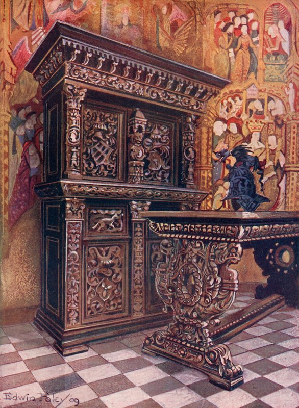 Schnitzereiche-Armoire, mit dem Chiffre von Lambert Suavius aus Lüttich. Schnitzereiche-Tisch von Edwin John Foley