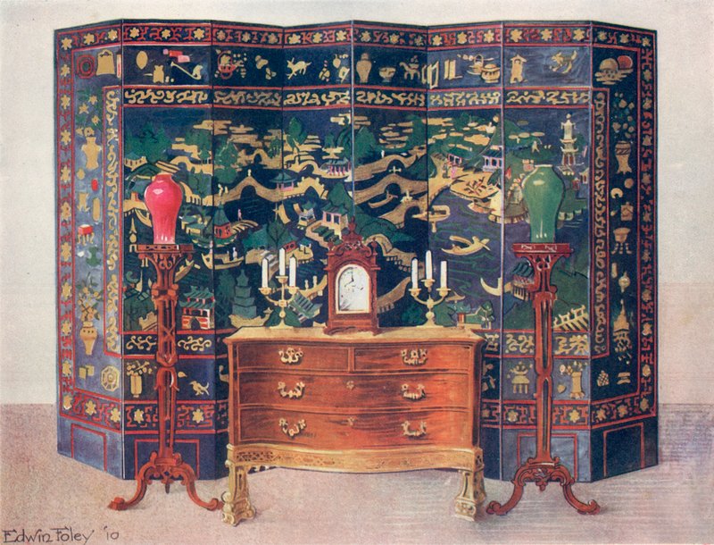 Geschwungener Kommodentisch - Chippendale unter französischem Einfluss. Eingravierter und erhabener lackierter achtteiliger Paravent - Chinesisch von Edwin John Foley