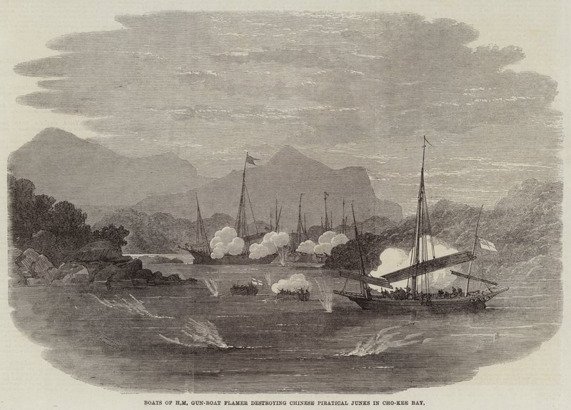 Boote von HM Kanonenboot Flamer zerstören chinesische Piraten-Dschunken in der Cho-Kee-Bucht von Edwin Weedon