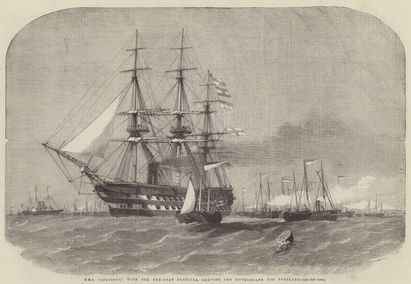 HMS Colossus, mit der Kanonenboot-Flottille, verlässt den Motherbank nach Portland von Edwin Weedon