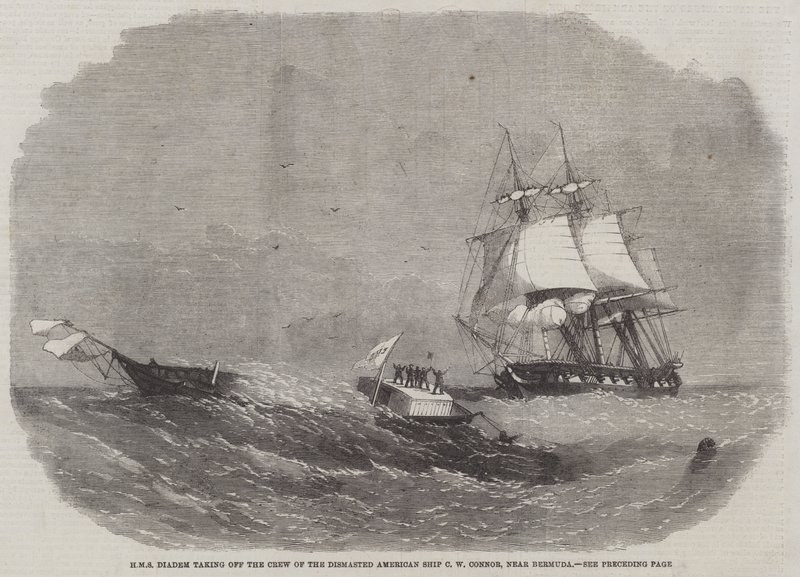 HMS Diadem nimmt die Besatzung des entmasteten amerikanischen Schiffes C W Connor in der Nähe von Bermuda auf von Edwin Weedon
