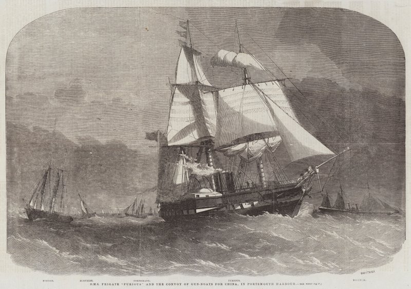 HMS Fregatte Furious und der Geleitzug von Kanonenbooten für China, im Hafen von Portsmouth von Edwin Weedon