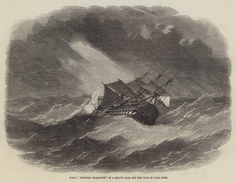 HMS Princess Charlotte in einem schweren Sturm vor dem Kap der Guten Hoffnung von Edwin Weedon