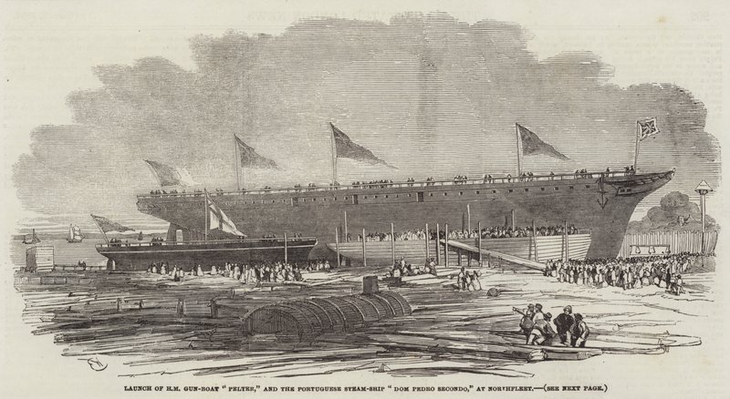 Stapellauf der HM-Kanonenboot Pelter und des portugiesischen Dampfschiffs Dom Pedro Secondo in Northfleet von Edwin Weedon
