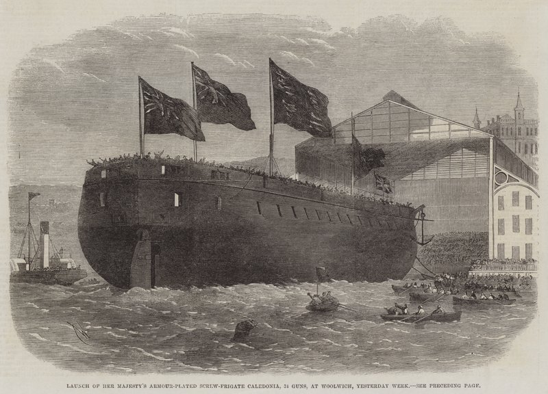 Stapellauf der gepanzerten Schraubenfregatte Ihrer Majestät Caledonia, 31 Kanonen, in Woolwich, letzte Woche von Edwin Weedon