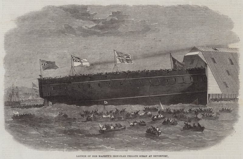 Stapellauf der gepanzerten Fregatte Ocean Ihrer Majestät in Devonport von Edwin Weedon