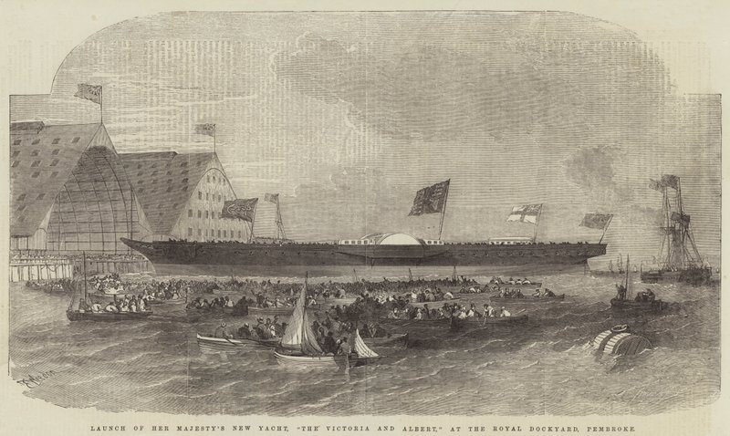 Stapellauf der neuen Yacht Ihrer Majestät, der Victoria und Albert, in der königlichen Werft von Pembroke von Edwin Weedon