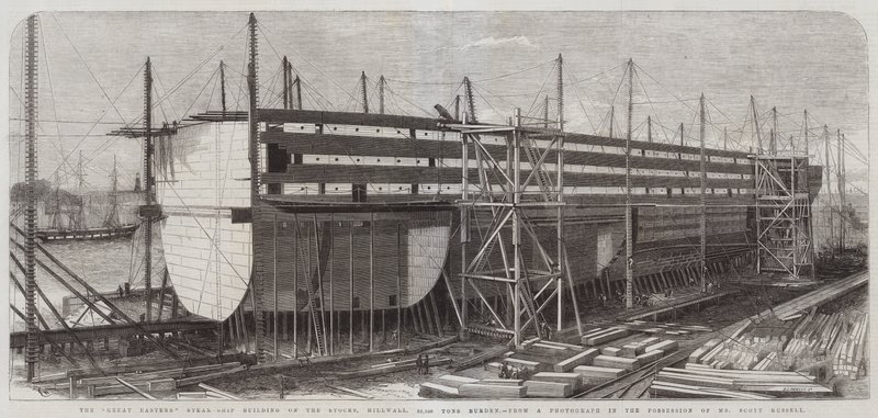 Der Bau des Dampfschiffs Great Eastern auf den Stocks, Millwall, 22.500 Tonnen Last von Edwin Weedon