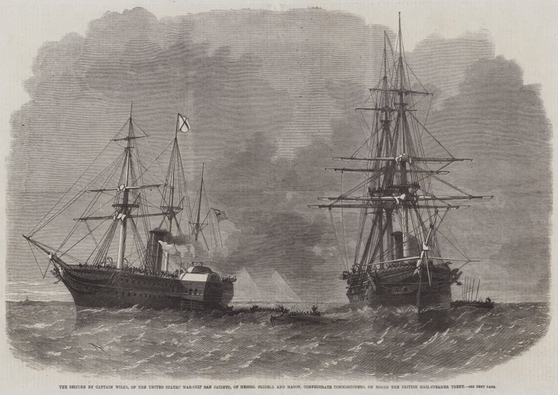 Die Beschlagnahme durch Kapitän Wilks vom Kriegsschiff San Jacinto der Vereinigten Staaten von Messers Slidell und Mason, konföderierte Kommissare, an Bord des britischen Postdampfers Trent von Edwin Weedon