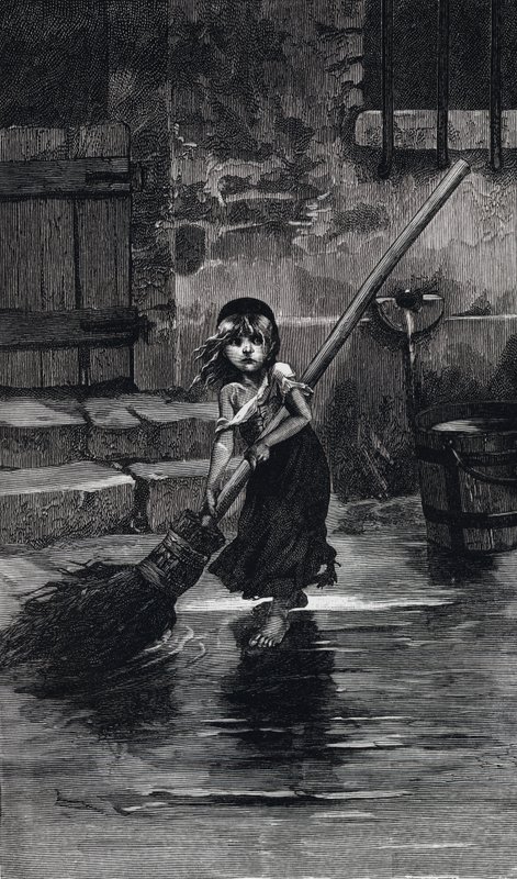 Szene aus Les Miserables von Victor Hugo: Cosette beim Fegen (Gravur) von Emile Antoine (after) Bayard
