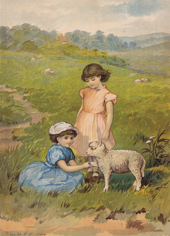 Zwei Mädchen streicheln ein Lamm (Chromolithografie) von Emily Jane Harding Andrews