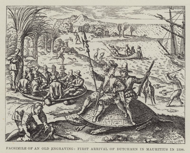 Faksimile eines alten Stichs, Erste Ankunft der Niederländer in Mauritius im Jahr 1598 von English School