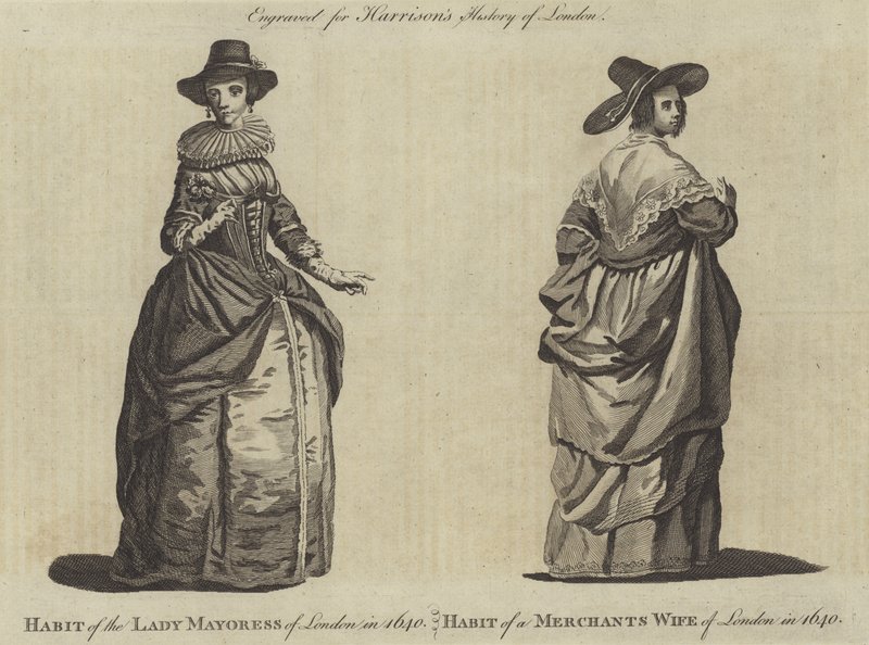 Kleidung der Lady Mayoress von London und die Kleidung einer Kaufmannsfrau von London, 1640 von English School