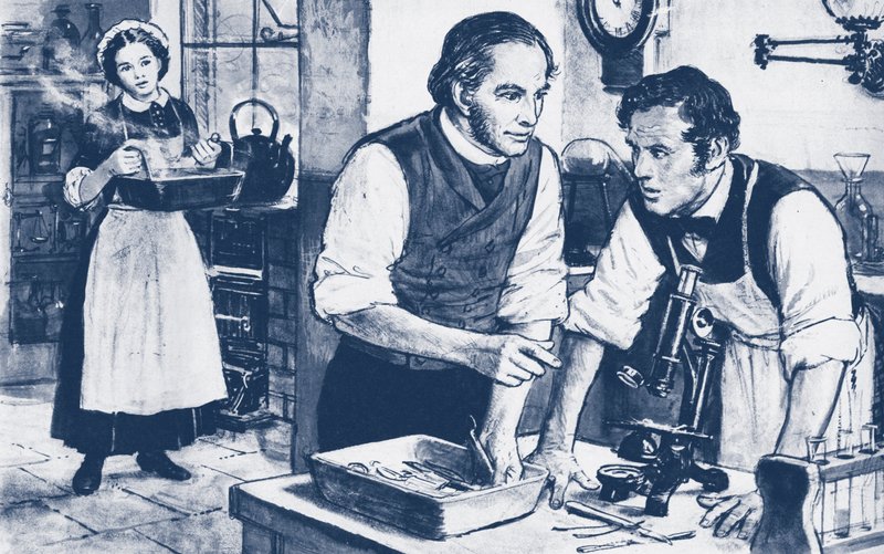 Joseph Lister zeigt Mikroben auf ungewaschenen chirurgischen Instrumenten von English School