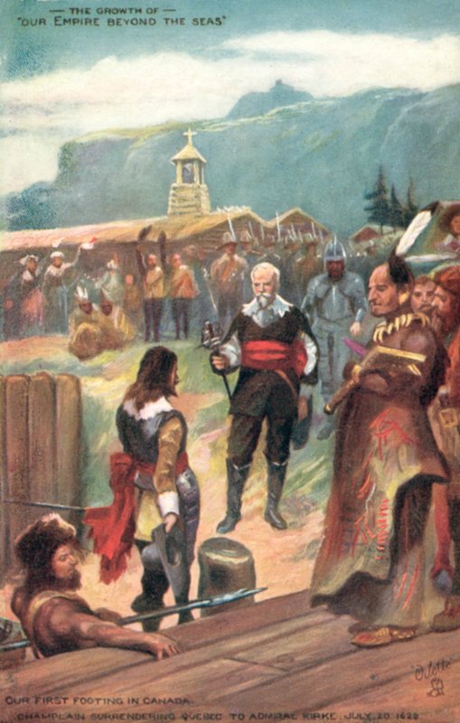 Unser erster Schritt in Kanada, Champlain übergibt Quebec an Admiral Kirke, 20. Juli 1620 von English School